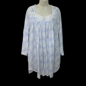 Eileen West 100% Cotton Floral Lace Trim Nightgown - Blue VTG